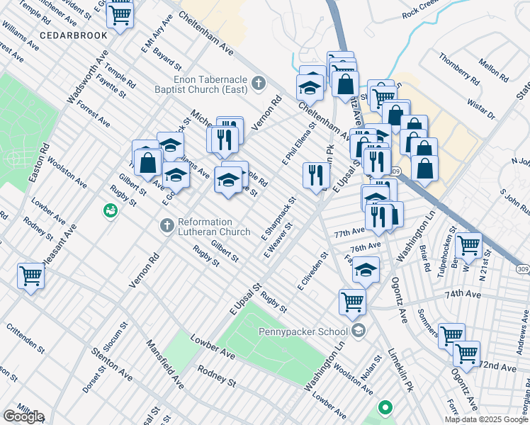 map of restaurants, bars, coffee shops, grocery stores, and more near 7828 Williams Avenue in Philadelphia