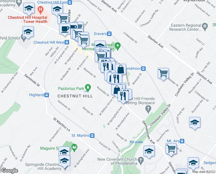 map of restaurants, bars, coffee shops, grocery stores, and more near 22 West Abington Avenue in Philadelphia