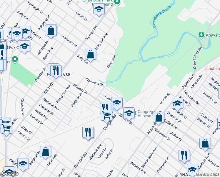 map of restaurants, bars, coffee shops, grocery stores, and more near 1215 Stanwood Street in Philadelphia
