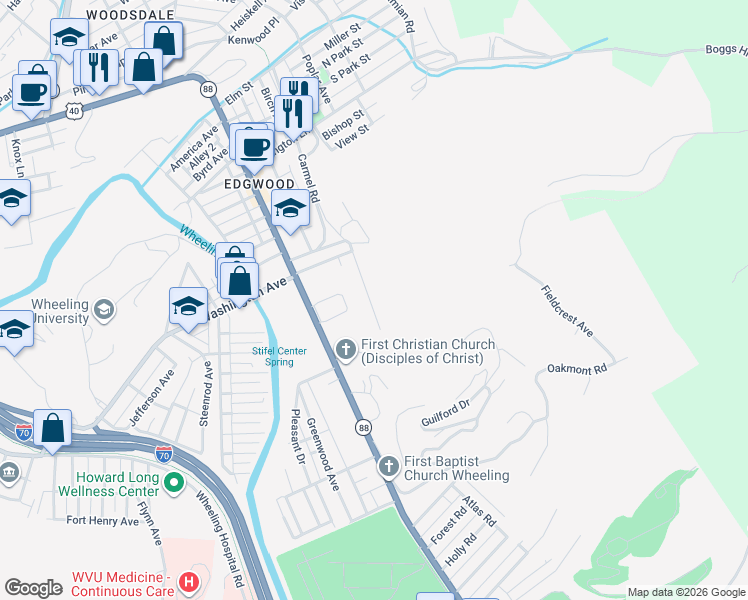 map of restaurants, bars, coffee shops, grocery stores, and more near 222 Carmel Road in Wheeling