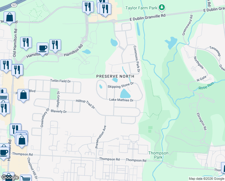 map of restaurants, bars, coffee shops, grocery stores, and more near 4425 Oaks Shadow Drive in New Albany