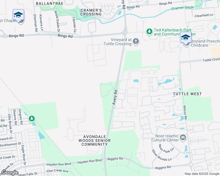 map of restaurants, bars, coffee shops, grocery stores, and more near 5315 Avery Road in Dublin