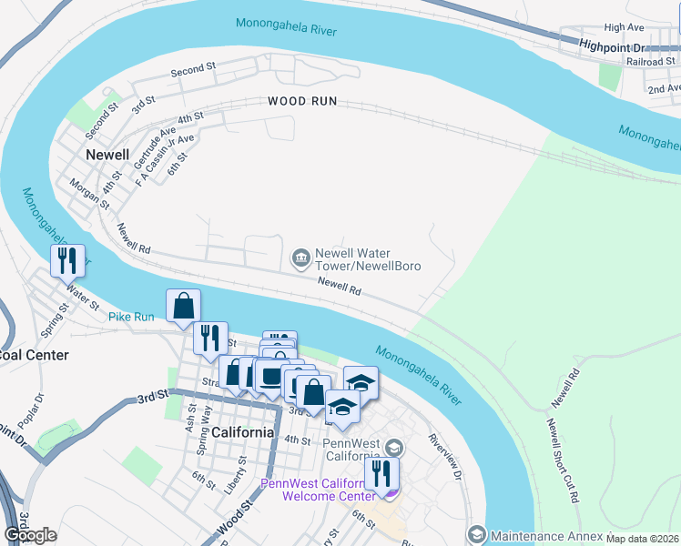 map of restaurants, bars, coffee shops, grocery stores, and more near 935 Newell Road in Fayette City