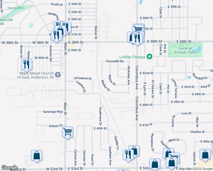 map of restaurants, bars, coffee shops, grocery stores, and more near 4242 Mellen Drive in Anderson