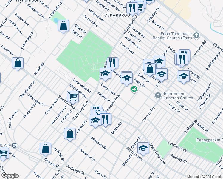 map of restaurants, bars, coffee shops, grocery stores, and more near 1103 East Durham Street in Philadelphia
