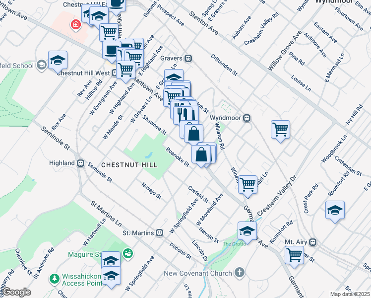 map of restaurants, bars, coffee shops, grocery stores, and more near 22 West Abington Avenue in Philadelphia