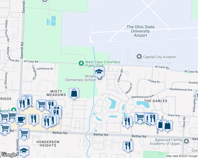 map of restaurants, bars, coffee shops, grocery stores, and more near 2335 West Case Road in Columbus