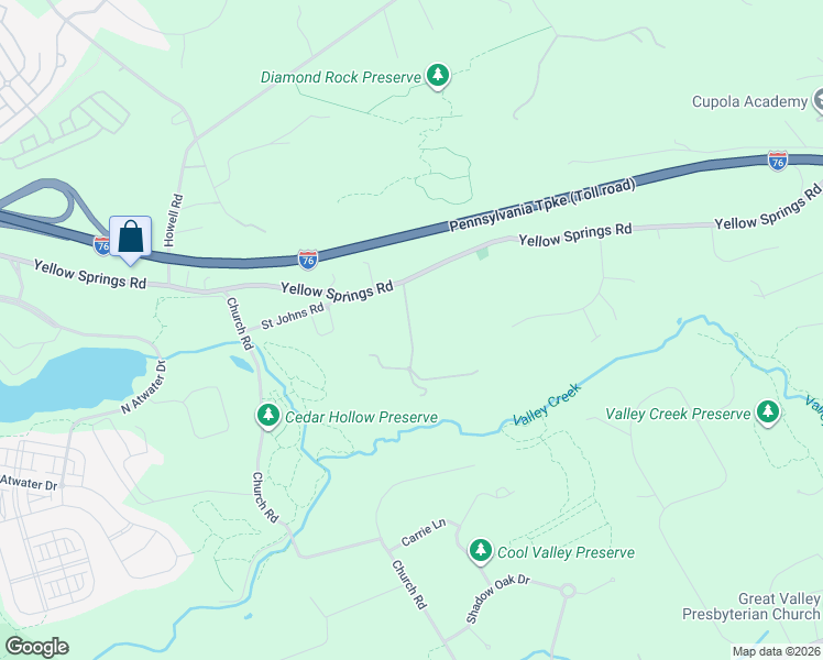 map of restaurants, bars, coffee shops, grocery stores, and more near 1771 Indian Run Road in Malvern