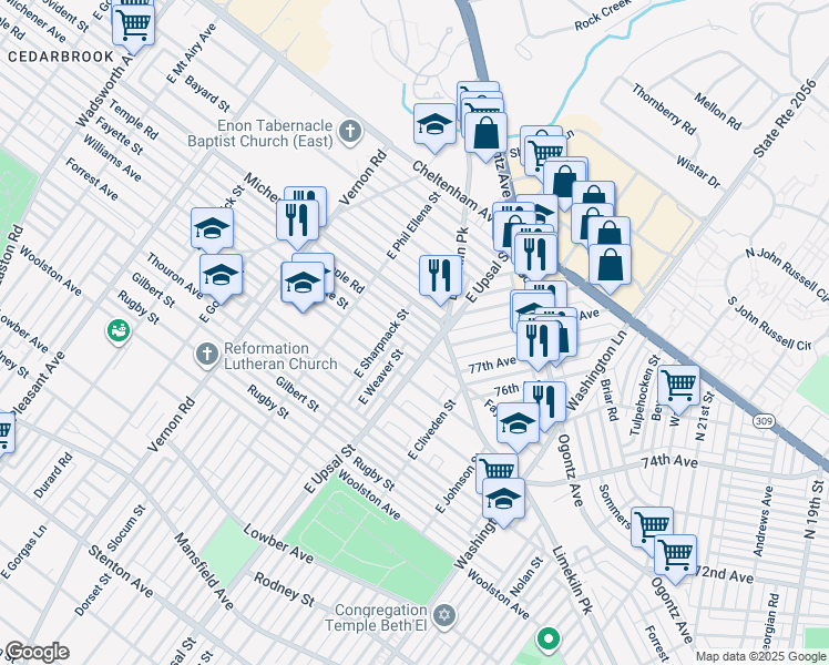 map of restaurants, bars, coffee shops, grocery stores, and more near 7726 Temple Road in Philadelphia