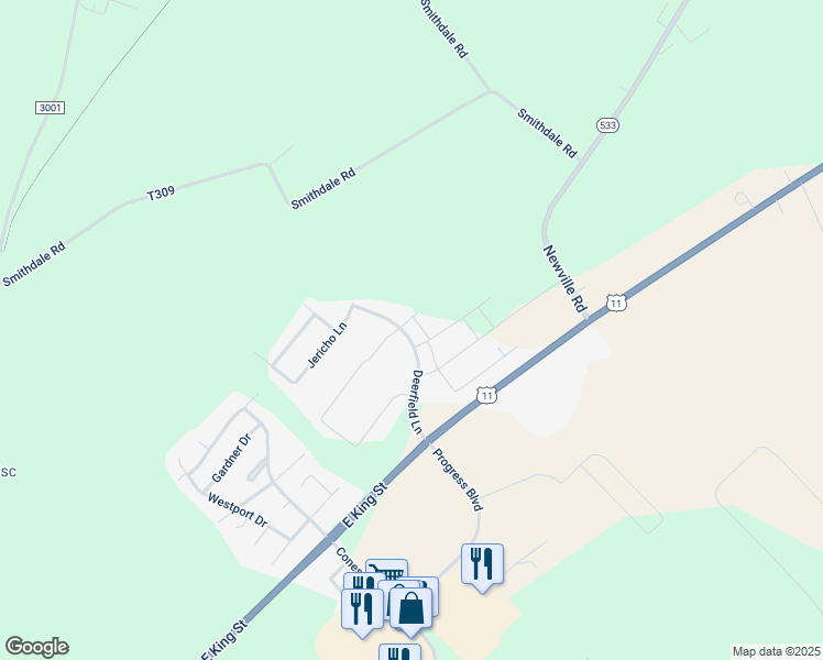 map of restaurants, bars, coffee shops, grocery stores, and more near 123 Deerfield Lane in Shippensburg