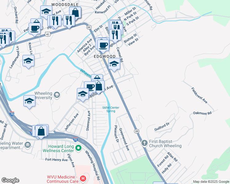 map of restaurants, bars, coffee shops, grocery stores, and more near 1276 National Road in Wheeling