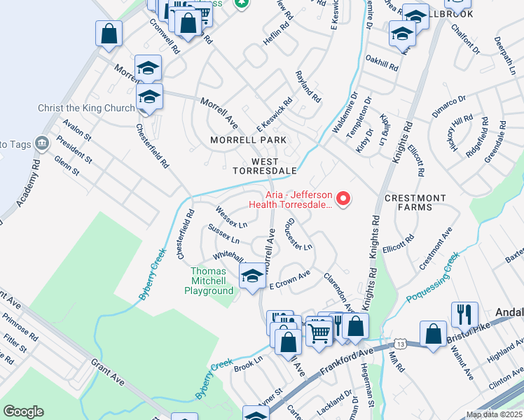 map of restaurants, bars, coffee shops, grocery stores, and more near 3503 Wessex Lane in Philadelphia