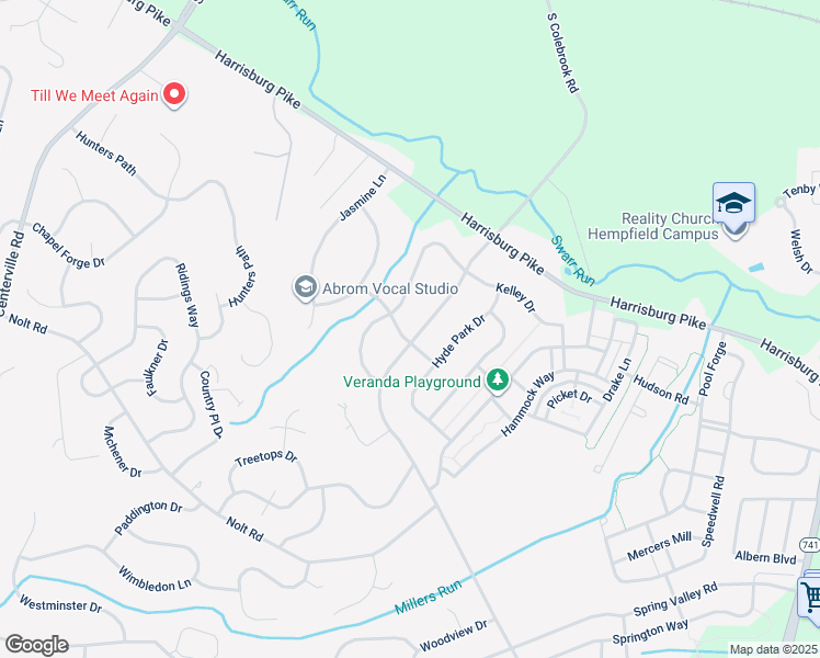 map of restaurants, bars, coffee shops, grocery stores, and more near 1105 Sweetbriar Way in Lancaster