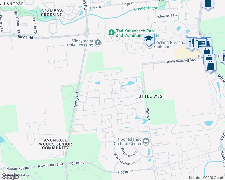 map of restaurants, bars, coffee shops, grocery stores, and more near 6239 Wealthy Lane in Dublin