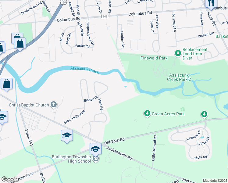 map of restaurants, bars, coffee shops, grocery stores, and more near 17 Bisbee Drive in Burlington