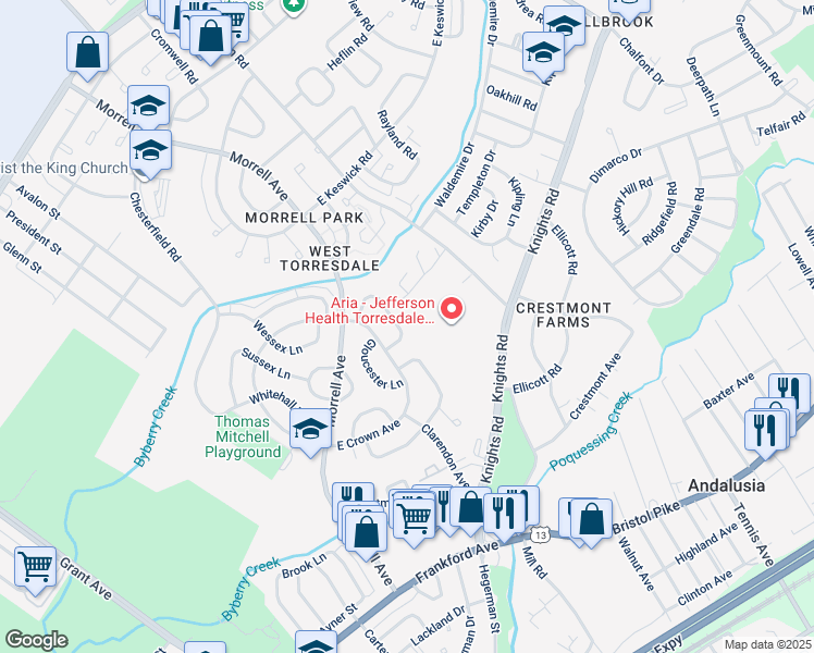 map of restaurants, bars, coffee shops, grocery stores, and more near 3587 Nottingham Lane in Philadelphia