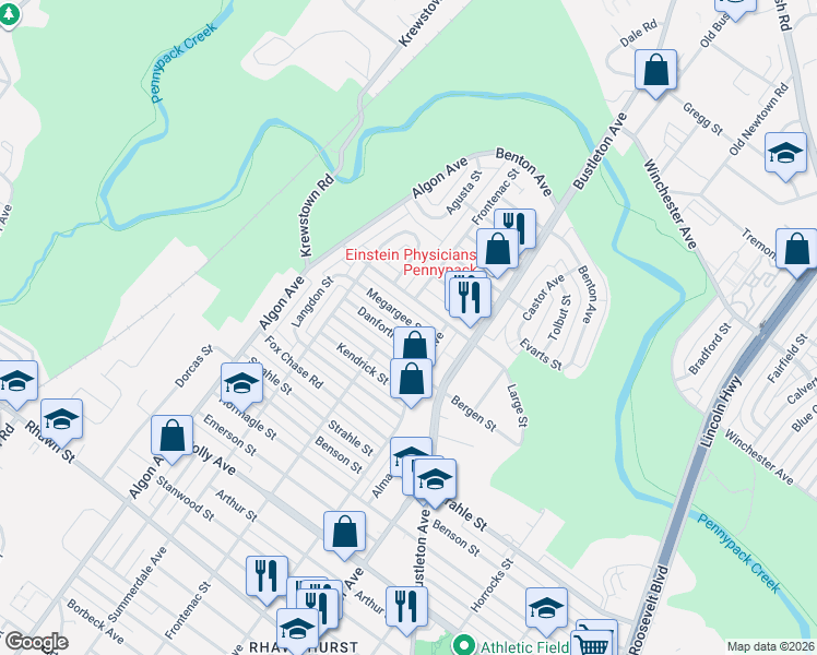 map of restaurants, bars, coffee shops, grocery stores, and more near 1812 Danforth Street in Philadelphia
