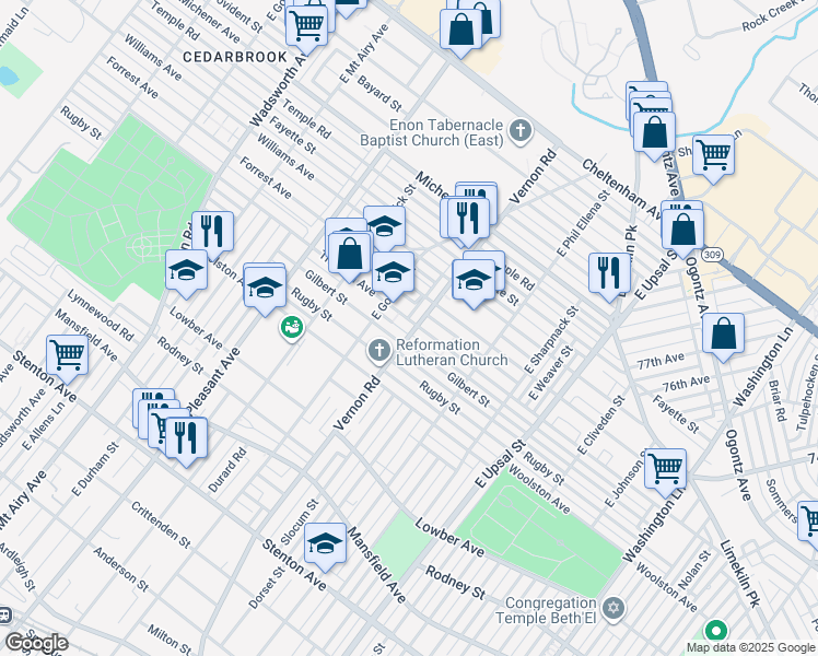 map of restaurants, bars, coffee shops, grocery stores, and more near 8001 Gilbert Street in Philadelphia