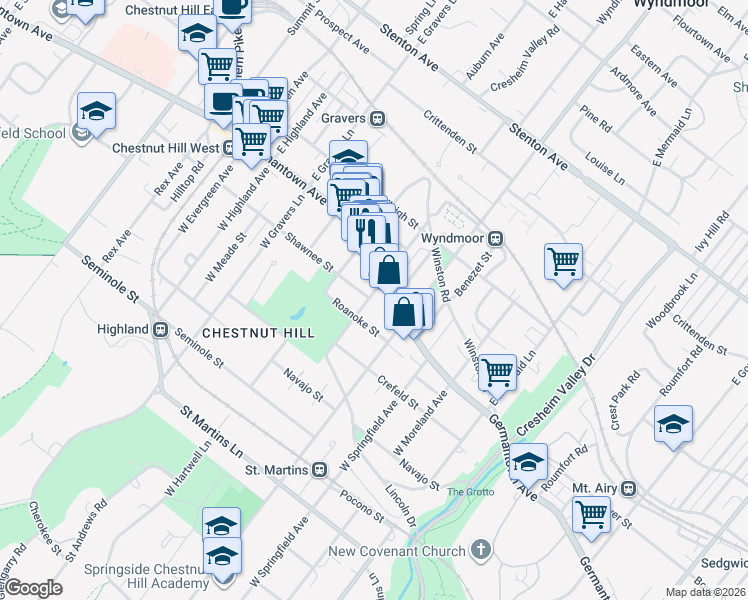 map of restaurants, bars, coffee shops, grocery stores, and more near 36 West Abington Avenue in Philadelphia