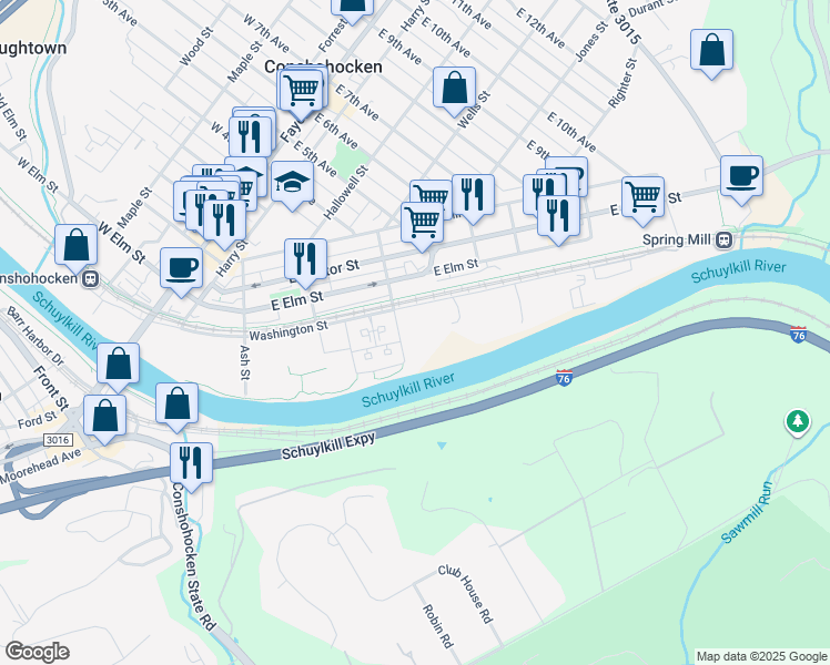 map of restaurants, bars, coffee shops, grocery stores, and more near Cherry Street in Conshohocken