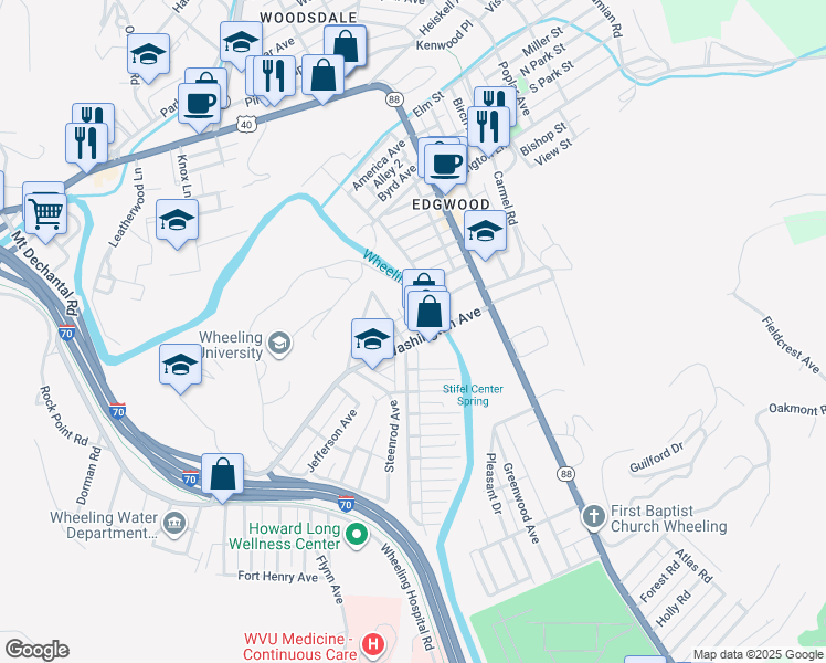 map of restaurants, bars, coffee shops, grocery stores, and more near 37 West Washington Avenue in Wheeling