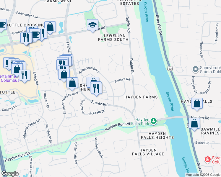 map of restaurants, bars, coffee shops, grocery stores, and more near 5740 Parkbridge Lane in Dublin