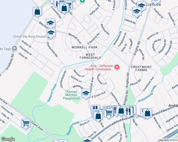 map of restaurants, bars, coffee shops, grocery stores, and more near 3503 Wessex Lane in Philadelphia