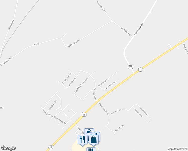 map of restaurants, bars, coffee shops, grocery stores, and more near 123 Deerfield Lane in Shippensburg