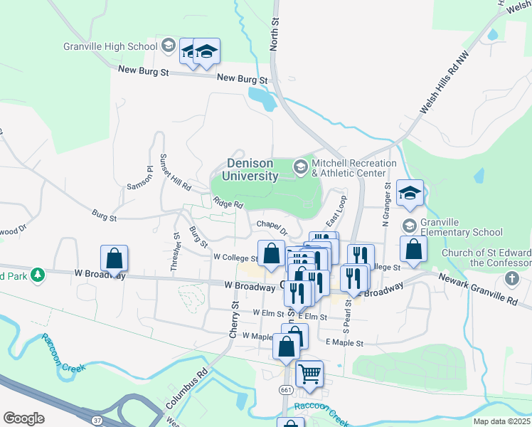 map of restaurants, bars, coffee shops, grocery stores, and more near 100 West College Street in Granville