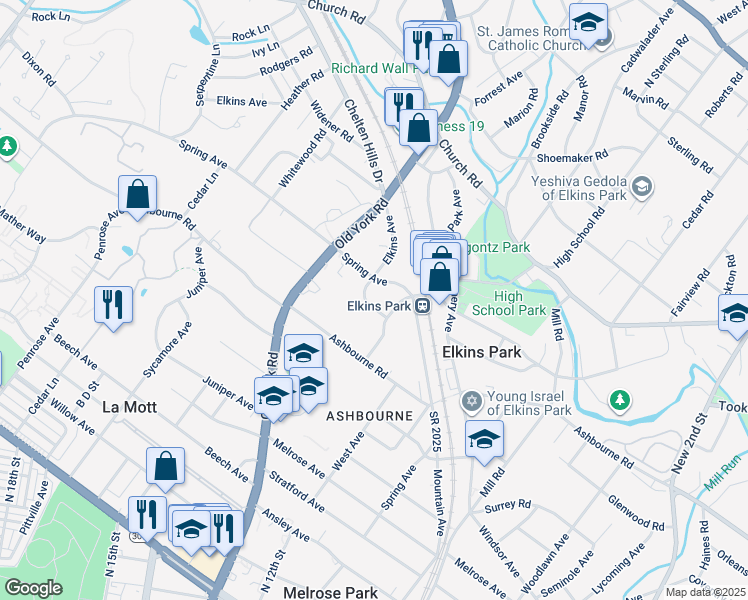 map of restaurants, bars, coffee shops, grocery stores, and more near 509 Elkins Avenue in Elkins Park