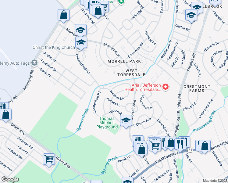 map of restaurants, bars, coffee shops, grocery stores, and more near 3606 Wessex Lane in Philadelphia