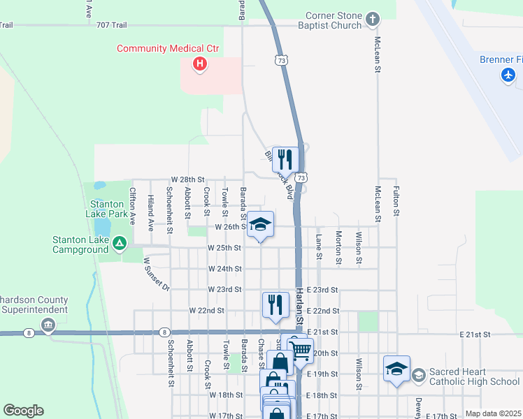 map of restaurants, bars, coffee shops, grocery stores, and more near 2624 Chase Street in Falls City