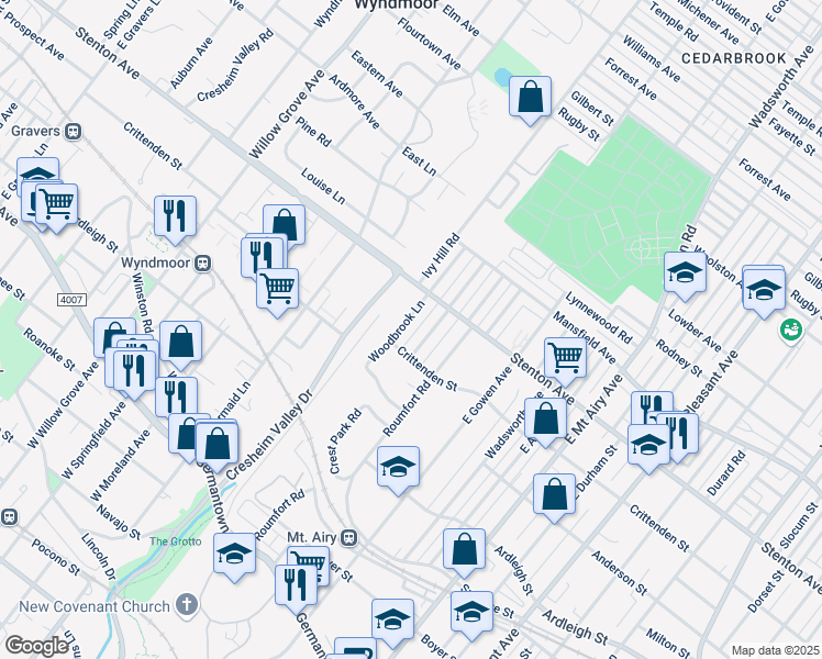 map of restaurants, bars, coffee shops, grocery stores, and more near 501 Murdoch Road in Philadelphia