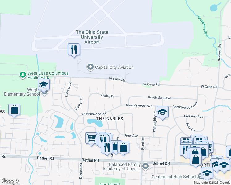 map of restaurants, bars, coffee shops, grocery stores, and more near 1917 Fraley Drive in Columbus