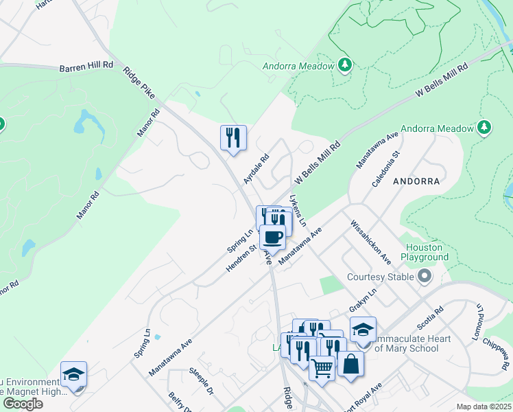 map of restaurants, bars, coffee shops, grocery stores, and more near 9001 Ridge Avenue in Philadelphia