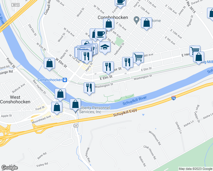 map of restaurants, bars, coffee shops, grocery stores, and more near 278 Washington Street in Conshohocken