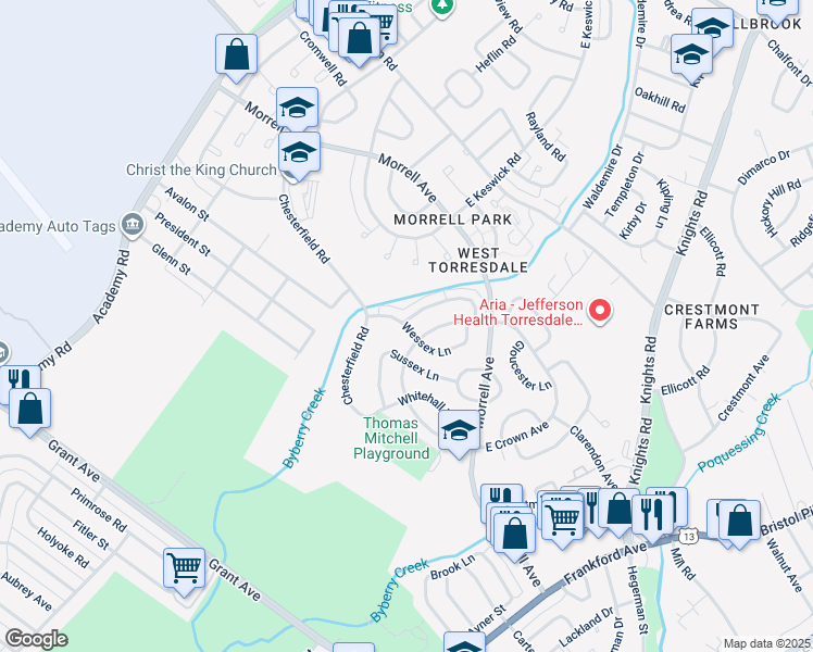 map of restaurants, bars, coffee shops, grocery stores, and more near 3613 Wessex Ln in Philadelphia