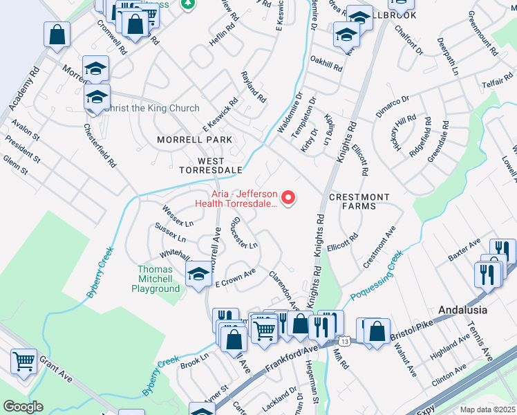 map of restaurants, bars, coffee shops, grocery stores, and more near 3583 Nottingham Lane in Philadelphia