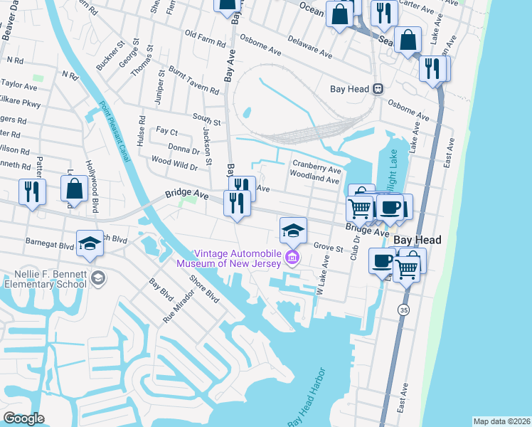 map of restaurants, bars, coffee shops, grocery stores, and more near 213 Howe Street in Point Pleasant