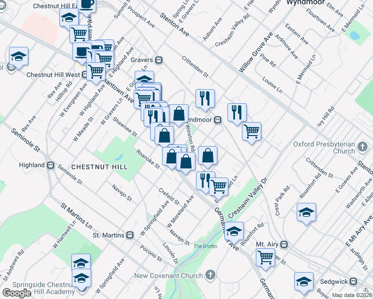 map of restaurants, bars, coffee shops, grocery stores, and more near 33 Benezet Street in Philadelphia