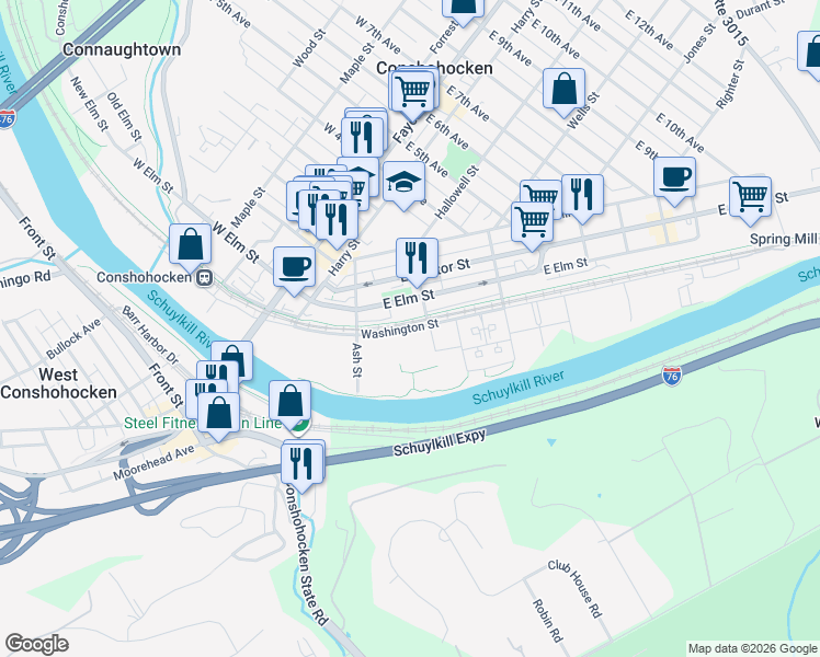 map of restaurants, bars, coffee shops, grocery stores, and more near 278 Washington Street in Conshohocken