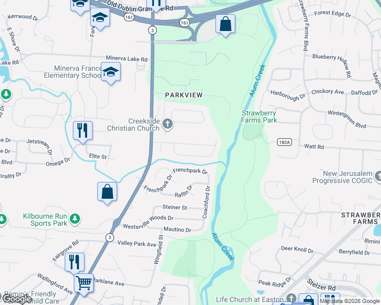 map of restaurants, bars, coffee shops, grocery stores, and more near 3497 Westbay Drive in Columbus