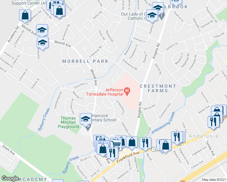 map of restaurants, bars, coffee shops, grocery stores, and more near 3583 Nottingham Lane in Philadelphia