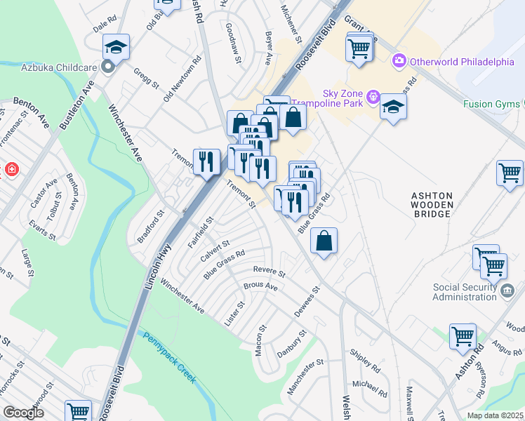 map of restaurants, bars, coffee shops, grocery stores, and more near 2621 Tremont Street in Philadelphia