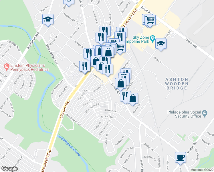 map of restaurants, bars, coffee shops, grocery stores, and more near 2621 Tremont Street in Philadelphia