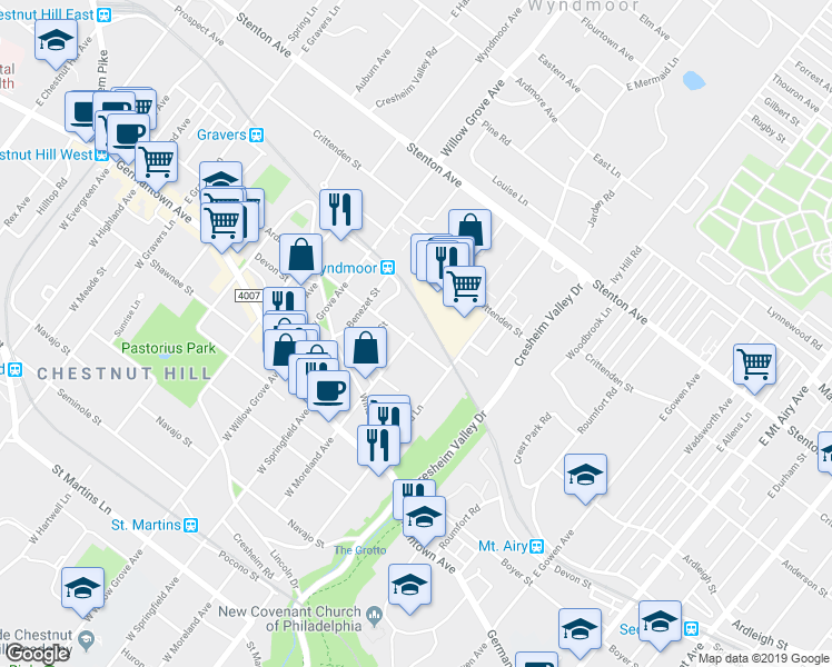 map of restaurants, bars, coffee shops, grocery stores, and more near 125 East Moreland Avenue in Philadelphia