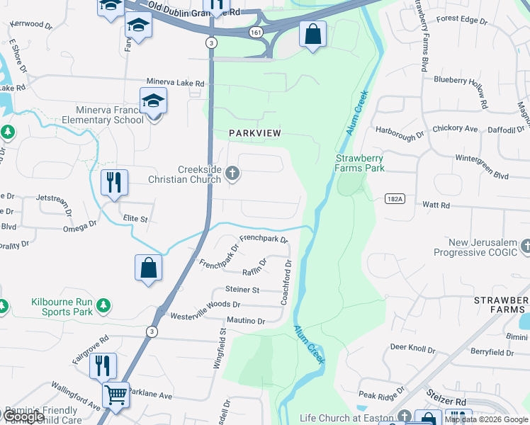 map of restaurants, bars, coffee shops, grocery stores, and more near 3497 Westbay Drive in Columbus