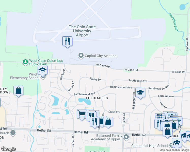 map of restaurants, bars, coffee shops, grocery stores, and more near 1999 Fraley Drive in Columbus