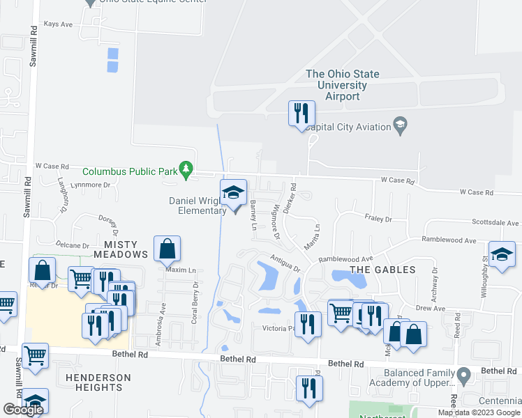 map of restaurants, bars, coffee shops, grocery stores, and more near 5635 Barney Lane in Columbus