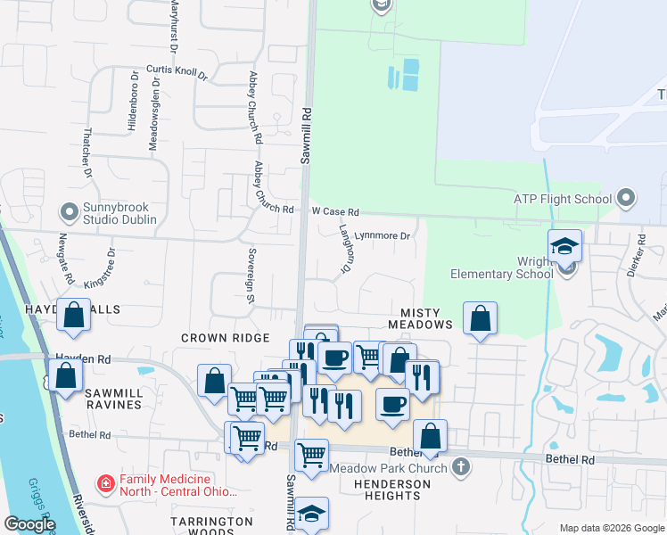 map of restaurants, bars, coffee shops, grocery stores, and more near 5674 Langhorn Drive in Columbus